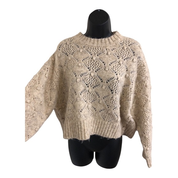 Tan crewneck knotted heirloom farmhouse style fuzzy crochet knit sweater size L - Picture 16 of 17